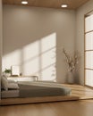 Front view of a minimalist Japanese bedroom interior design with a comfy bed on a wooden floor