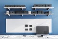 Front view of minimalistic blue workplace