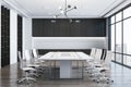 Front view of empty meeting room interior with office table and chairs, window, wooden floor and white walls. 3D Rendering Royalty Free Stock Photo