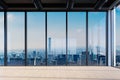 Front view modern empty office with panoramic downtown skyline view and large windows at bright daylight - 3D Illustration Royalty Free Stock Photo