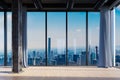 Front view modern empty office with panoramic downtown skyline view and large windows at bright daylight - 3D Illustration Royalty Free Stock Photo