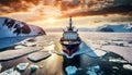 Icebreaker Ship and a Beautiful Sunset Over the Frozen Bay - Generative Ai