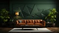 Front view of modern luxury living room. Emerald wall with geometric pattern, hardwood floor, comfortable leather sofa