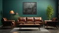 Front view of modern luxury living room. Emerald wall with poster, hardwood floor, comfortable leather sofa and