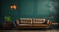 Front view of modern luxury living room. Empty emerald wall, comfortable brown leather sofa, side tables, plant in a