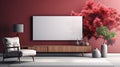 Front view of a modern minimalist scandi living room. Garnet color wall with decor and poster template, comfortable