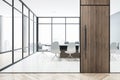 Front view of office boardroom with glass wall, panoramic window, wooden floor and entrance door. 3D Rendering Royalty Free Stock Photo