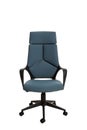 Front view of a modern office chair, made of black plastic, upholstered with pastel dark blue-green textile. Isolated on white ba Royalty Free Stock Photo