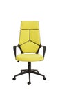 Front view of a modern office chair, made of black plastic, upholstered with yellow textile. Isolated on white background. Royalty Free Stock Photo