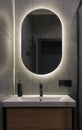 Front view of modern oval shape bathroom mirror with back light Royalty Free Stock Photo