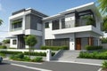 Front view of a modern suburban house with green plants ai generated Royalty Free Stock Photo
