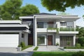 Front view of a modern suburban house with green plants ai generated Royalty Free Stock Photo