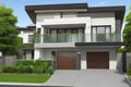 Front view of a modern suburban house with green plants ai generated Royalty Free Stock Photo
