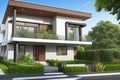 Front view of a modern suburban house with green plants ai generated Royalty Free Stock Photo