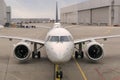 Front view of a modern twinjet airliner sitting on the concrete tarmac with lane markings in a large airport Royalty Free Stock Photo