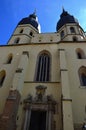 Front view of monumental gothic cathedral church of Saint Nicholas in Trnava, Western Slovakia, in spring daylight sunshine Royalty Free Stock Photo