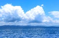 The front view in the morning sky is bright blue with clear white clouds and wide indigo sea during daytime feel calm. Royalty Free Stock Photo