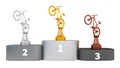 Front view of Mountain Bike Gold Silver and Bronze trophies on Podium