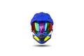 Front view of a multi colored motocross helmet