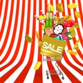 Front View Of New Year's Ornaments And Shopping Cart On Striped Pattern Text Space Royalty Free Stock Photo
