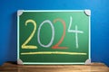 Front view of the number 2024 written in chalk on green chalkboard placed on wooden table against flat blue wall. New year and