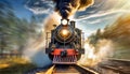 Front View of an Old Locomotive of a Steam Train in Motion - Generative Ai Royalty Free Stock Photo