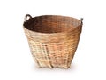 Front view of old oval wicker basket on white background. Close up of raffia basket. Storage and straw containers. Crafts and home Royalty Free Stock Photo