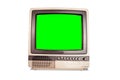 Front view of old retro home TV receiver with blank green screen isolated on white background with clipping path.