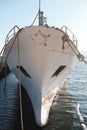 Front view of old rusty fishing boat in the commercial port of Cagliari