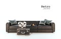 Front view of old tape recorder and baggage,Head phone with pillows on black leather sofa.White background.Vintage style. Royalty Free Stock Photo