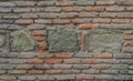 Old wall constructed with red bricks and grey large stones
