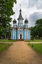 Front view of old wooden orthodox church in downtown of Druskininkai, Lithuania Royalty Free Stock Photo