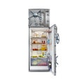 Front view on an opened fridge with food in it and with safe door with lot of locks, isolated on white background,
