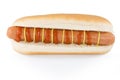 Front view from a opened hotdog with sausage, ketchup and mustard isolated on white. Royalty Free Stock Photo