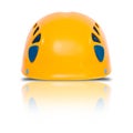 Front view of orange climbing helmet