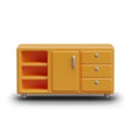 Front view on orange commode with different open and closed shelves