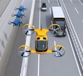 Front view of orange Passenger Drone Taxi, fleet of delivery drones flying along with truck driving on the highway