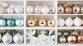 Front view of organized holiday ornament storage featuring shatterproof decorations in various colors and textures, showcasing Royalty Free Stock Photo