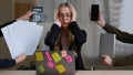 Front view overworked exhausted tired business girl woman worker manager in glasses holding head multitasking stress