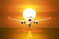 Front view passenger aircraft takeoff on runway in sunset Royalty Free Stock Photo