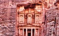 Front view of the Petra Treasury, one of the New 7 Wonders of the World, and one of the most popular landmarks in Jordan. Royalty Free Stock Photo