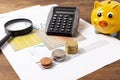 front view piggy bank stationery items. High quality photo