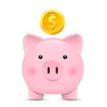 Front view. Pink piggy bank and coin. Vector illustration