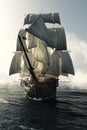 Front view of a pirate ship vessel piercing through the fog headed toward the camera . Royalty Free Stock Photo