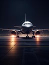 Front view of a plane standing on the ground. Beautiful vehicle in the airport at night. Generative AI Royalty Free Stock Photo
