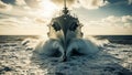 Front view of a powerful battleship cutting through rough ocean waves at sunset Royalty Free Stock Photo