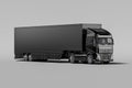 Front View Of Powerful Black Semi Truck With Empty Space On Refrigerator For Long Haul Delivery. 3d rendering
