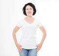 Front view pretty middle age woman in white t-shirt on white background. Mock up for design. Copy space. Template. Blank Royalty Free Stock Photo