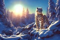 Snow leopard portrait in snowy mountains