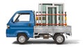 Front view on PVC windows in open tailgate of a truck, windows delivery, windows production concept.